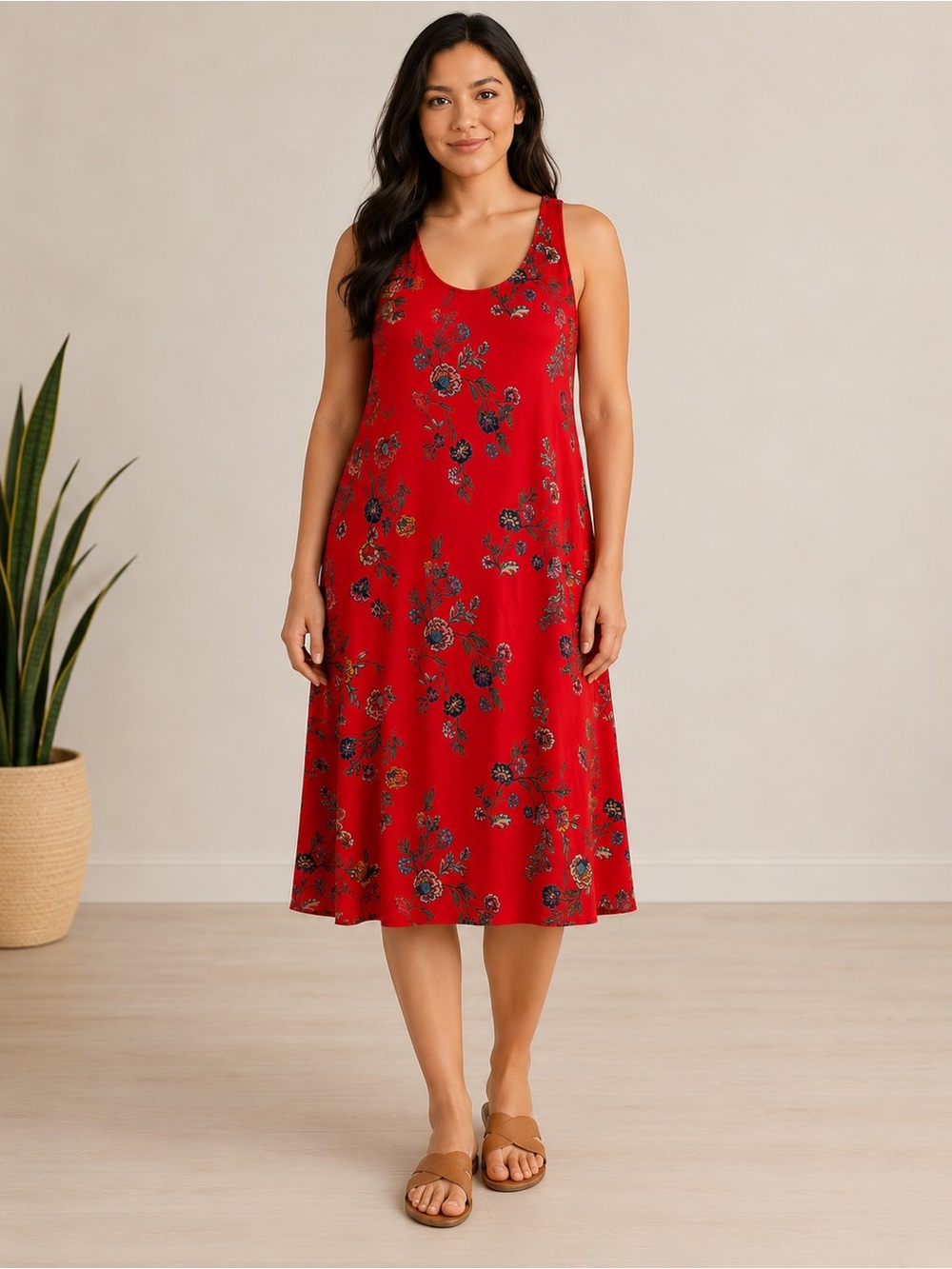 Old Navy Large Floral Racerback Keyhole Red Strappy Midi Sundress NWT